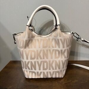 NWT DKNY Gwen Marshmallow‎ Beige Square Logo Print Crossbody Satchel Handbag